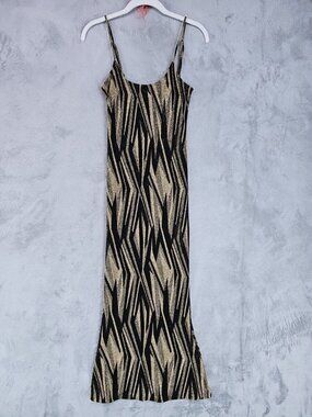 OPT Dress Womens XS Black Gold Geometric Glitter Slip Maxi Party Bodycon Mesh